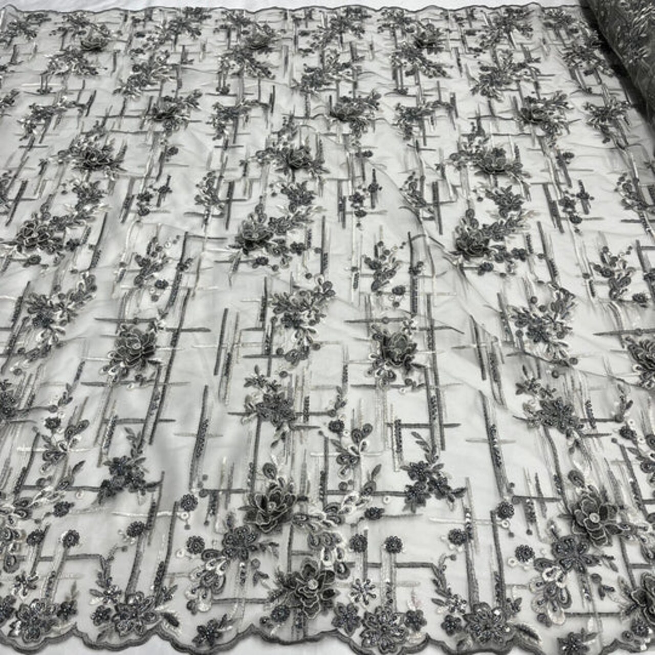 1 Yard Beaded Rhinestone 3D Floral Lace Fabric Embroidered 100 Percent Polyester Net Mesh 50 inch Width
